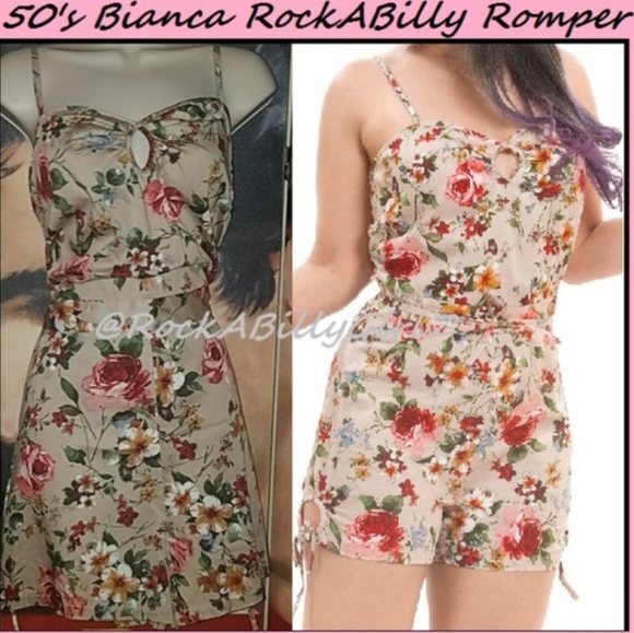 Tatyana Bianca Retro 1950's Pinup Floral Keyhole Romper Bombshell Tan Shorts - Picture 2 of 9